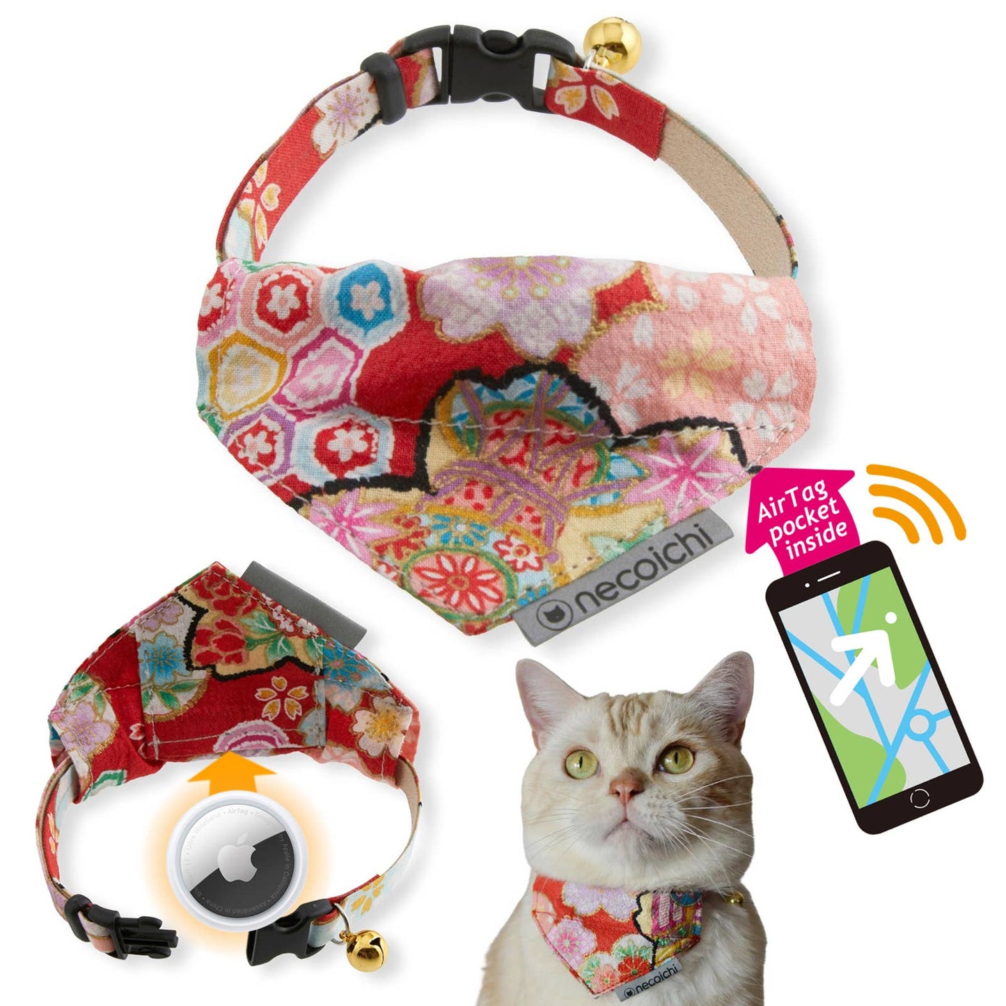 Bandana Cat Collar With Air Tag Pocket - Blossom Red